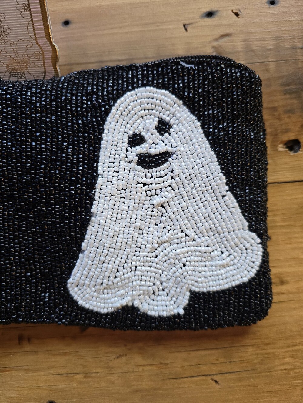 Wandering Moon Ghost Beaded Travel Pouch Black White Halloween Bag NWT - Picture 3 of 4